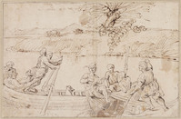 K VI 105
<br/>
Mannen en luitspeler in twee boten
<br/>
<em>Grimaldi, Giovanni Francesco (1606-1680) - atelier van / kopie naar andere meesters</em>